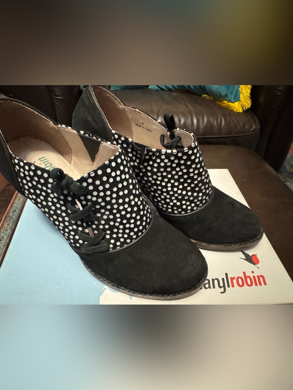 Farylrobin Black Suede Heeled Ankle Boots with White Polka Dot Cuff